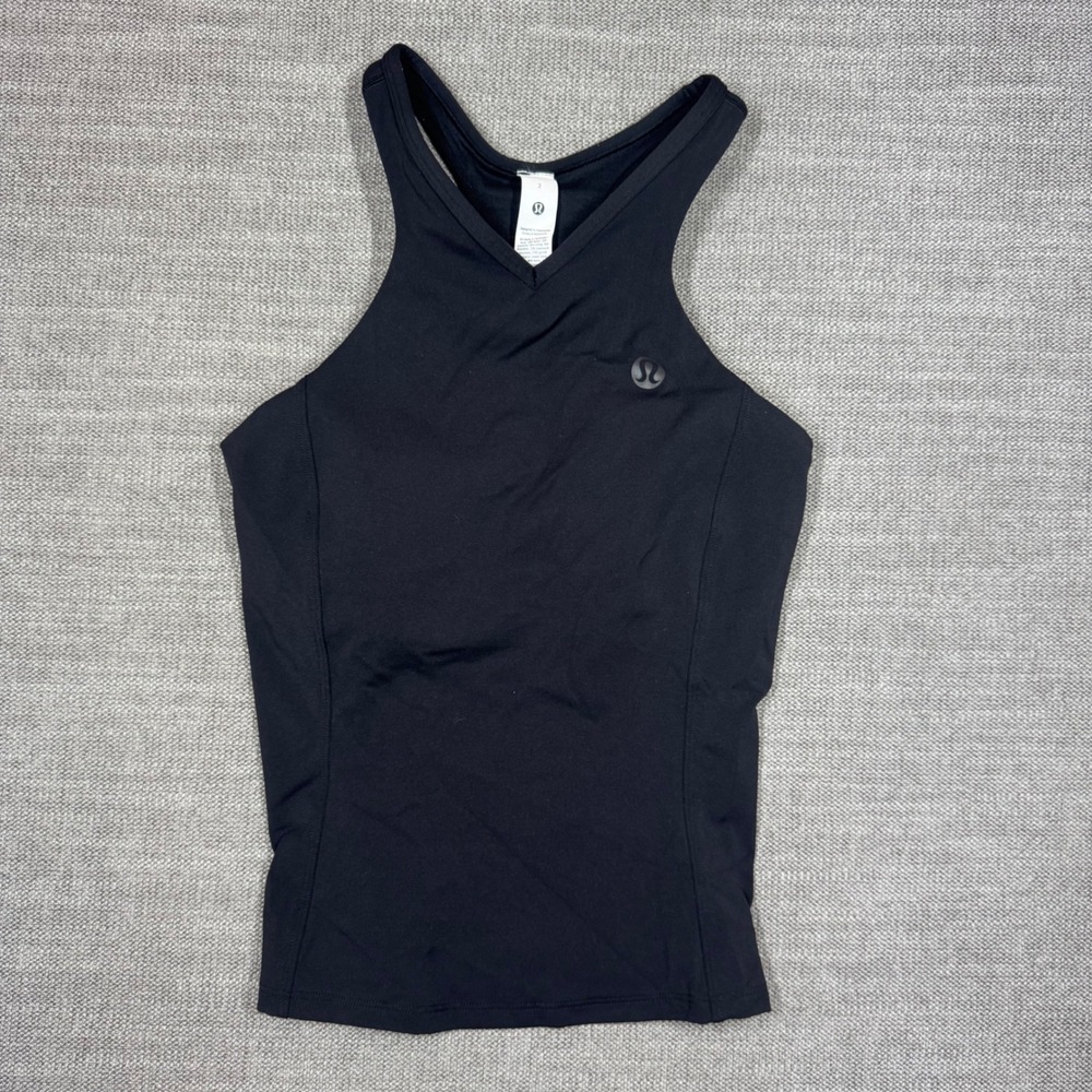 Lululemon Black V-Neck Tennis Tank Top Built-in Bra Pads Size 2 Active W1ET8S